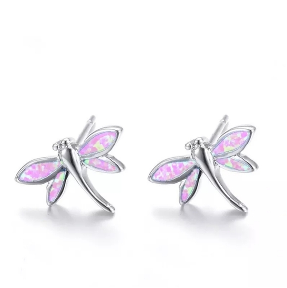Dainty Simulated Pink Opal Dragonfly Earring w/ Silver Overlay - Picture 1 of 2